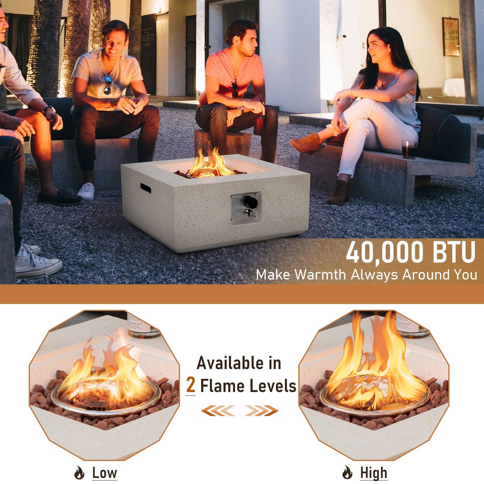 Square Gas Fire Pit Adjustable Flame, Lava Rocks, Outdoor Propane Fire Pit Table for Patio Garden Backyard