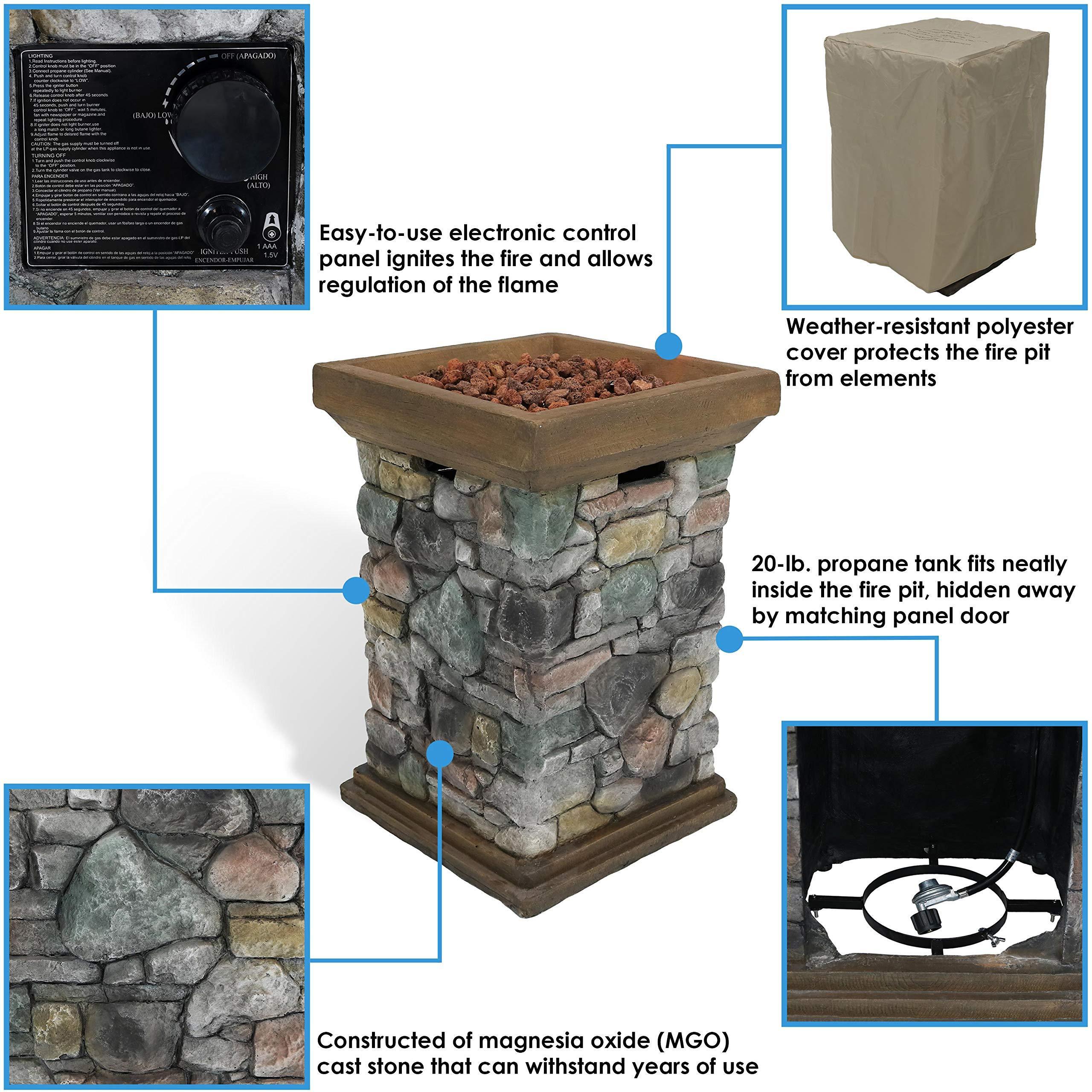 Propane Fire Pit Column Outdoor Gas Firepit for Outside Patio & Deck with Cast Rock Design - Lava Rocks, Waterproof Cover