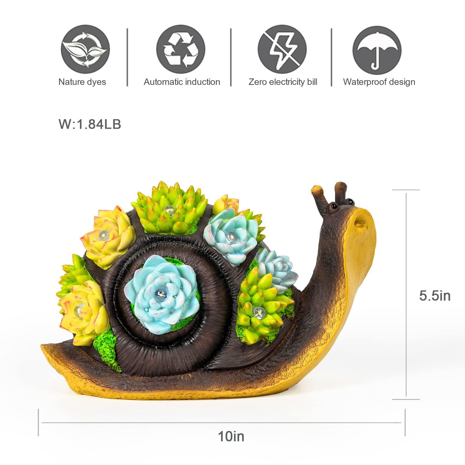 Solar Snail Statue Figurine with Key Hider and 5 LED Lights Succulent Outdoor Ornament for Outside Decor Garden