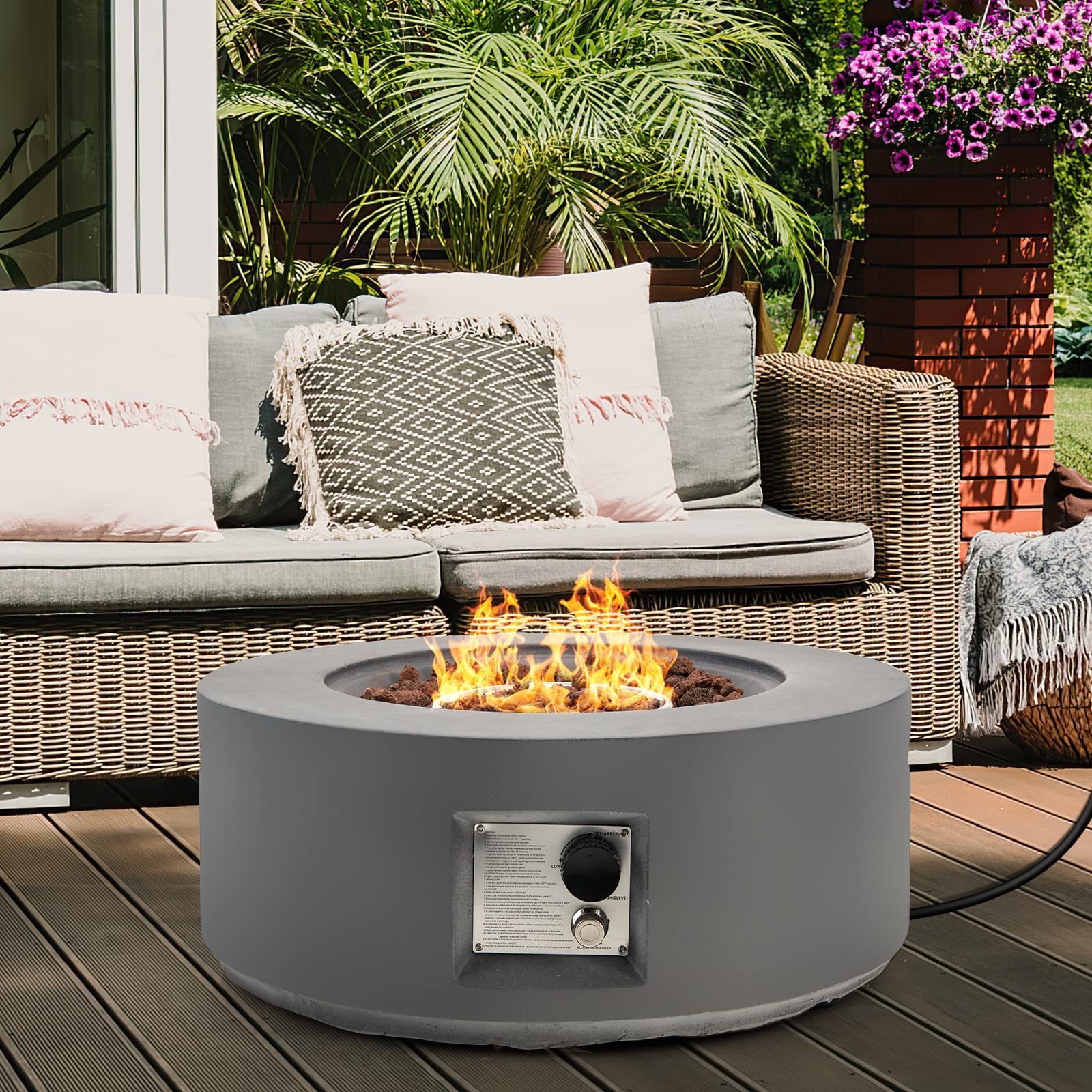 Round Gas Fire Pit Adjustable Flame, Lava Rocks, Outdoor Propane Fire Pit Table for Patio Garden Backyard