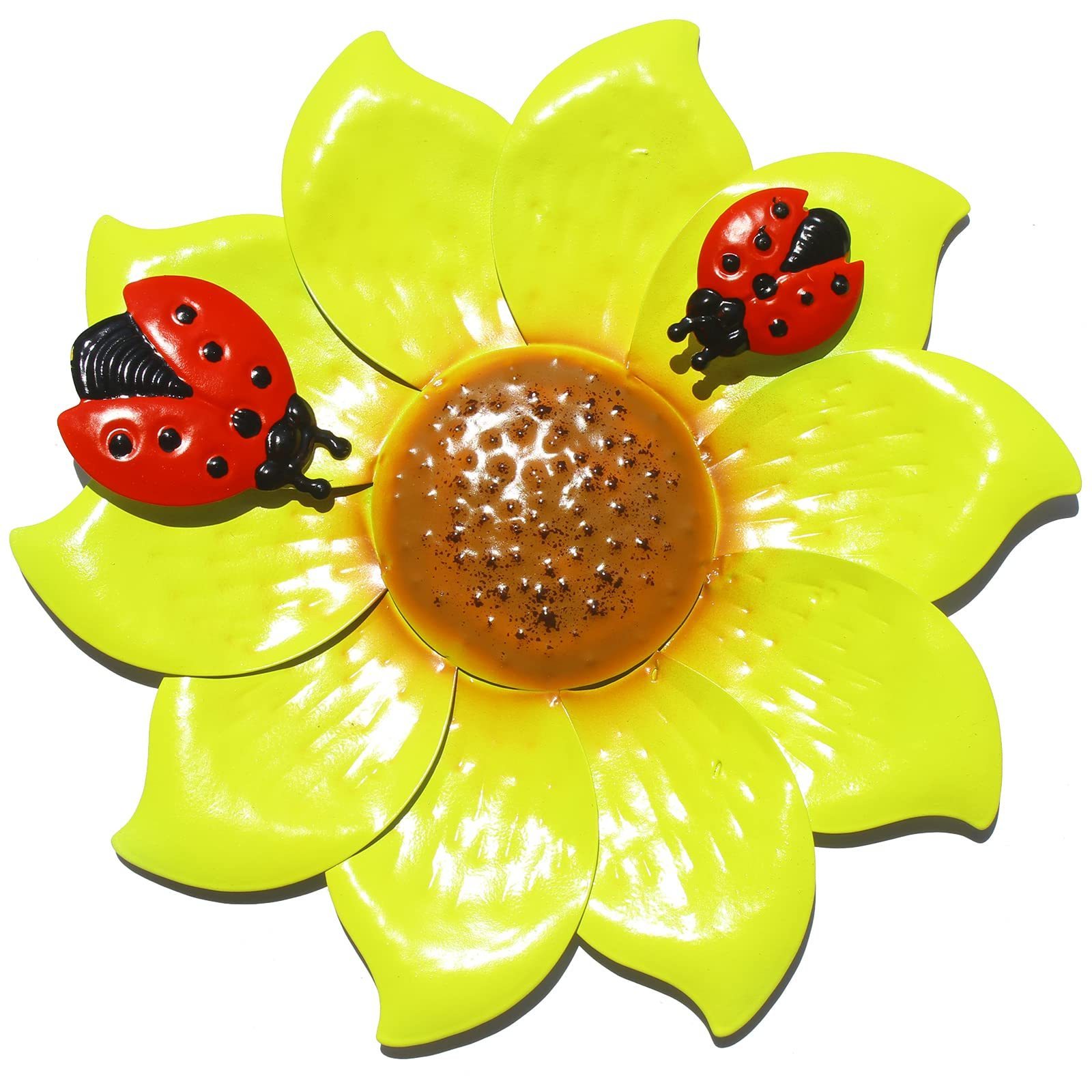 Metal Flowers Wall Decor, Yellow with Ladybug Metal Floral Home Wall Art Sculptures for Garden Pitio Living Room Indoor Outdoor