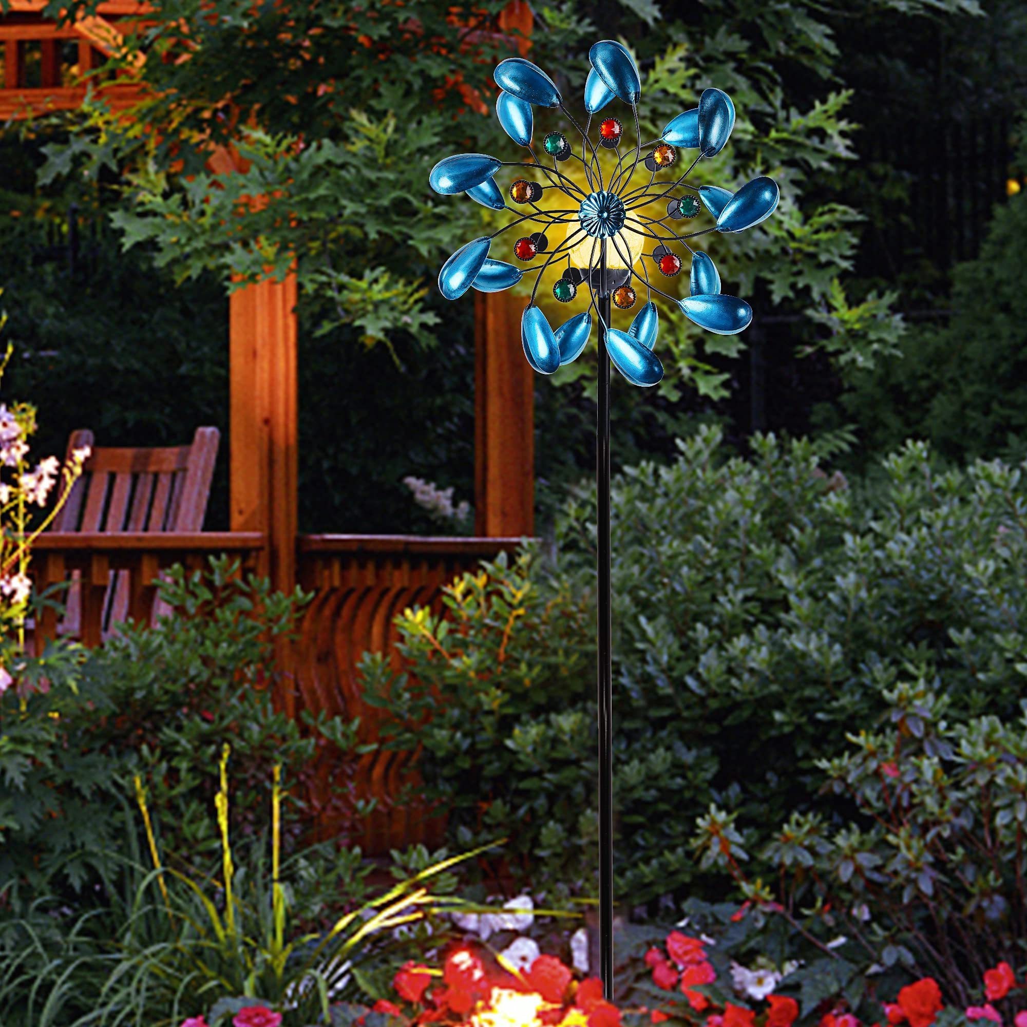 Solar Wind Spinner, Outdoor Metal Stake Yard Spinners, Jewel Cup Garden Kinetic Wind Catcher,