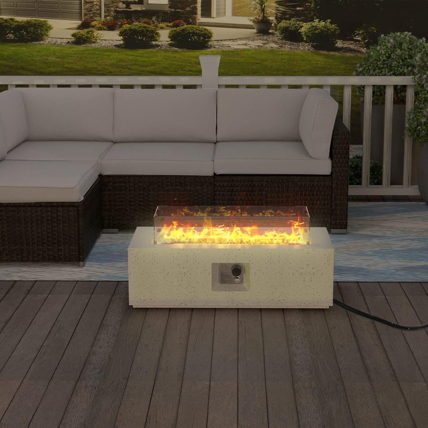 Outdoor Propane Fire Pit 50,000 BTU 40'' Rectangle Concrete Gas Fire Table Outside Smokeless Firepit Furniture with Wind Guard,