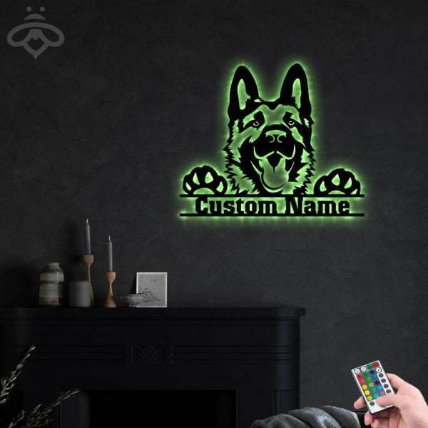 Custom German Shepherd Metal Wall Art With Led Lights, Personalized Pets Name Sign Decoration For Living Room Dog Lovers