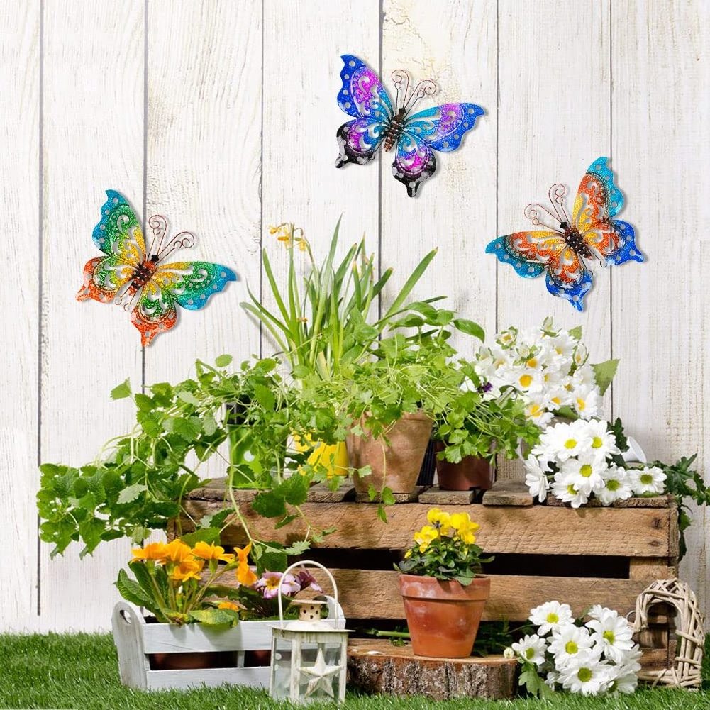 3-piece metal butterfly wall art outdoor decoration, butterfly spring wall sculpture hanging metal wall decoration, suitable for