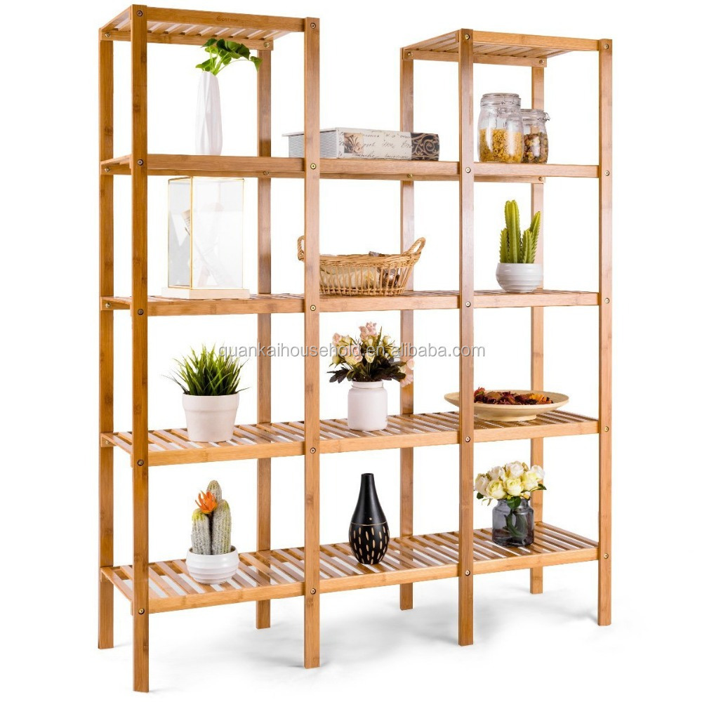 Bamboo Utility Shelf Bathroom Rack Plant Display Stand 12-Tier Storage Organizer Rack Cube W/Several Cell Closet Storage Cabinet