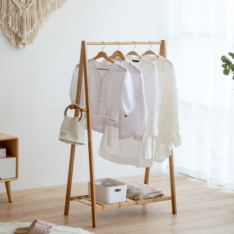 Simple Hanger Hat Coat Clothes Drying Rack Clothing Standing Bamboo Garment Rack with Shelve Laundry Rack