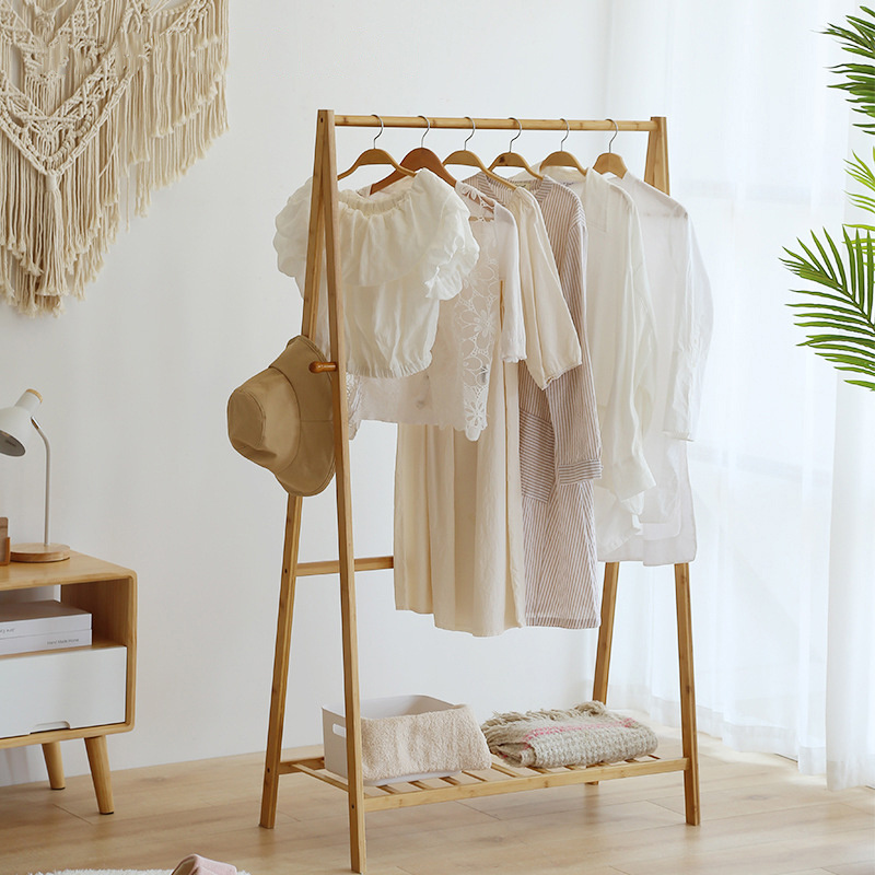 Simple Hanger Hat Coat Clothes Drying Rack Clothing Standing Bamboo Garment Rack with Shelve Laundry Rack