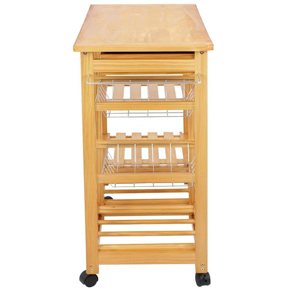 Rolling Wood Kitchen Island Storage Trolley Utility Cart Rack w/Storage Drawers/Baskets Dining Stand w/Wheels Countertop (Wood)