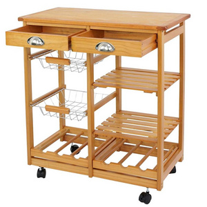 Rolling Wood Kitchen Island Storage Trolley Utility Cart Rack w/Storage Drawers/Baskets Dining Stand w/Wheels Countertop (Wood)