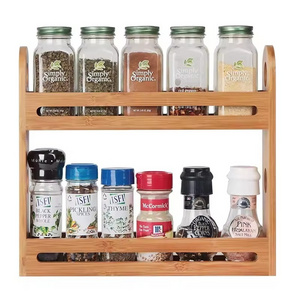 Bamboo Wooden Spice Jar Rack, 2-Tiered Seasoning Holder Organizer Set , Spice Storage Shelf for Kitchen Pantry & Cabinet