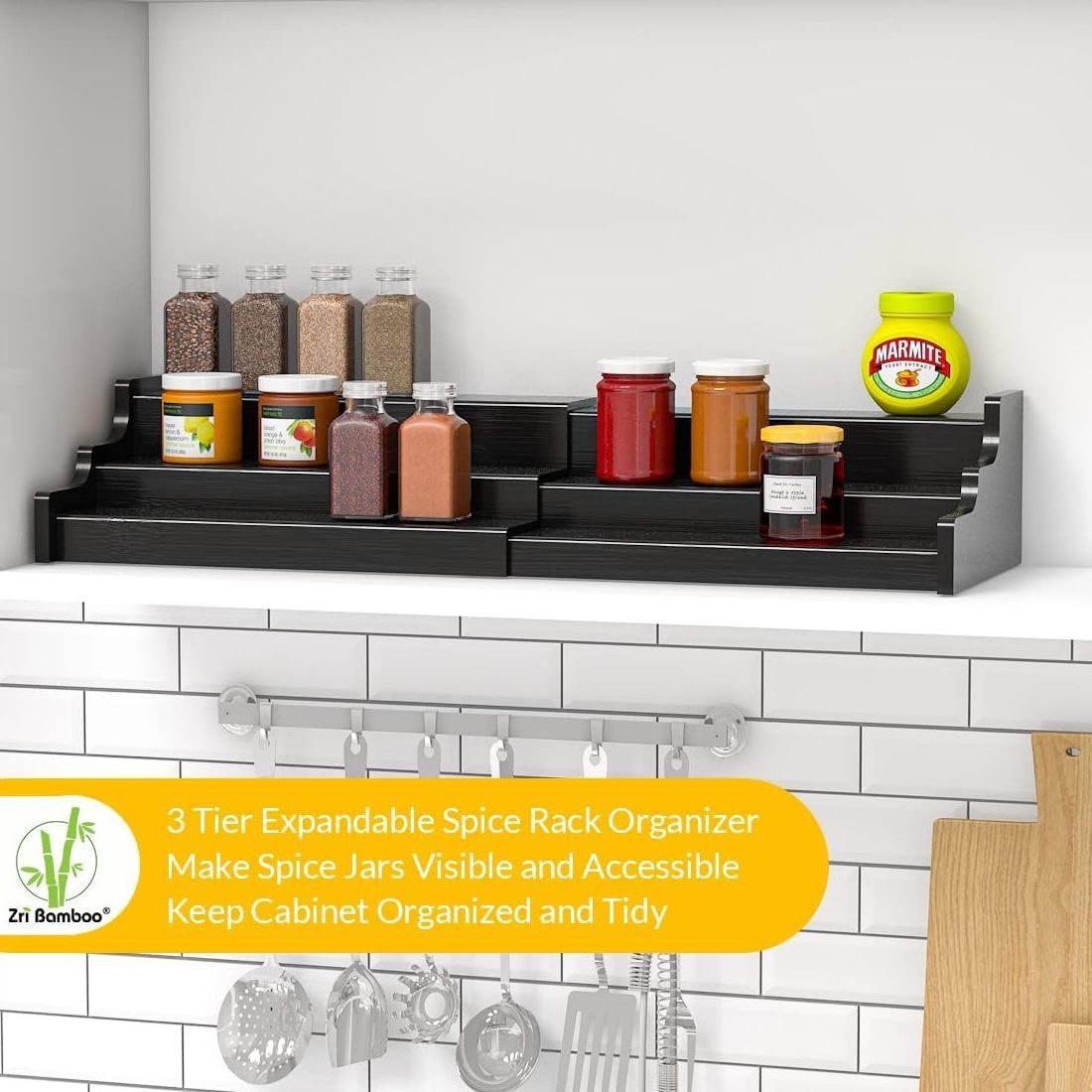 3 Tier Expandable Bamboo Spice Shelf Organizer for Kitchen Cabinet  bamboo seasoning organizer rack