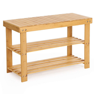 Bamboo 3 Tier Shoe Rack Entryway Bench Bathroom Living Room Bench Solid Wood Shoe Store Bench