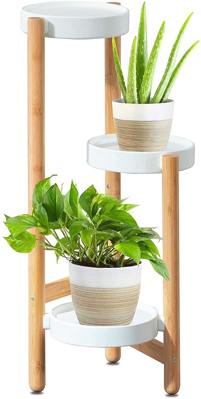 Bamboo 3 Tier Tall Plant Stands Pot Holder Vertical Plant Shelves Wrought Iron Plant Display Rack for House Patio