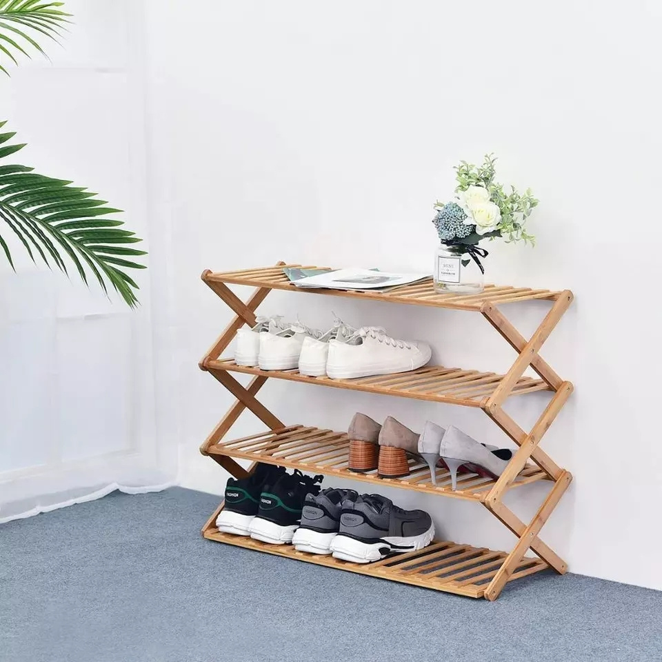 4 Tier Bamboo Shoe Rack Foldable Shoe Shelves Plant Display Stand Storage Organizer