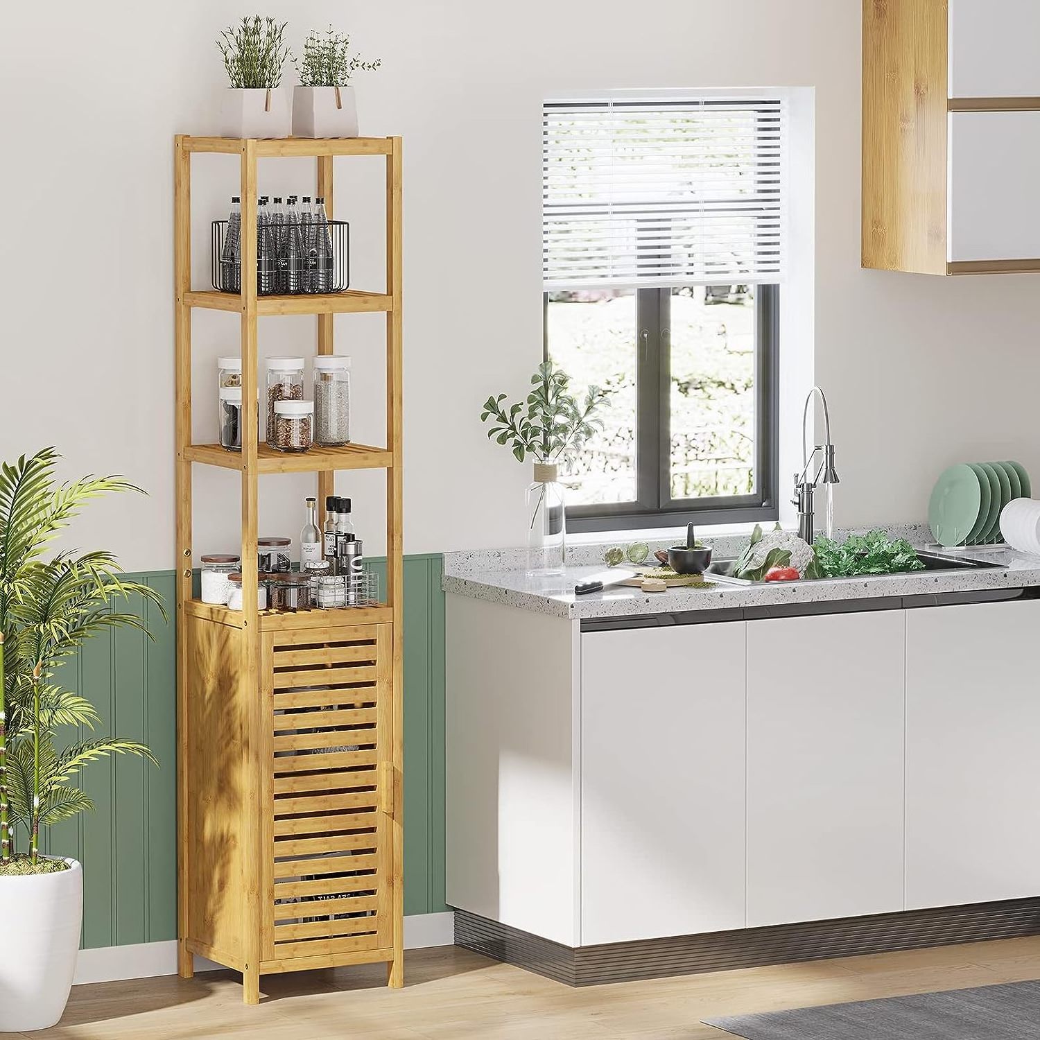 Bathroom locker, tall ultra-thin cabinet with louvered door and 3-level shelf, freestanding linen tower cabinet