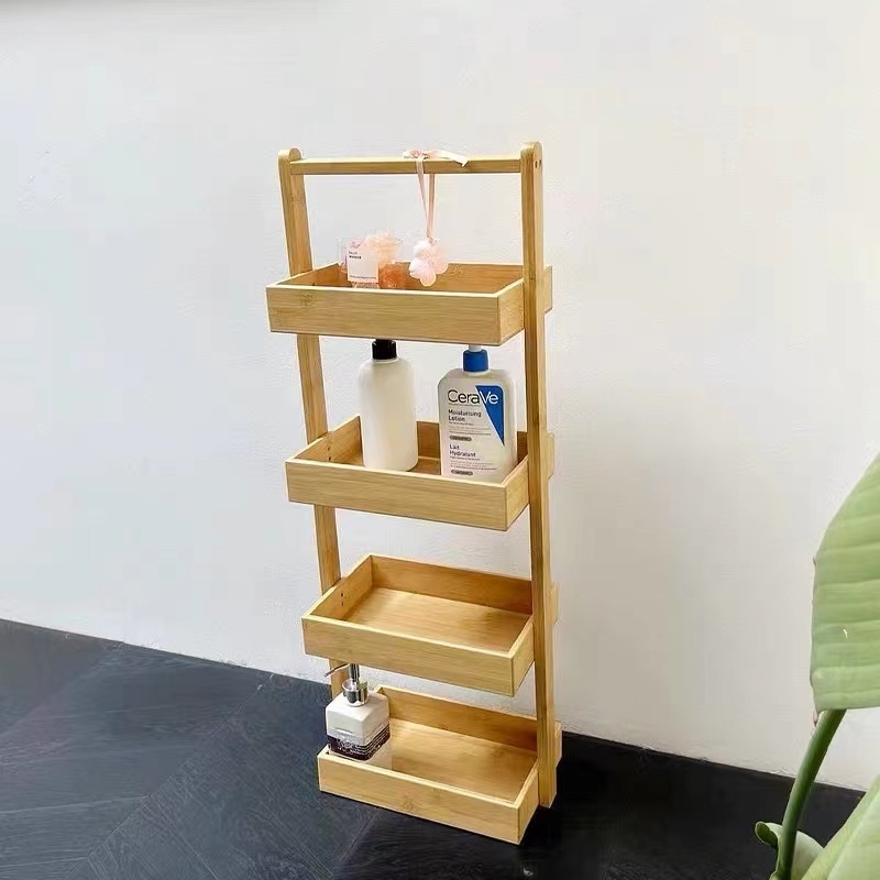 Bathroom Storage Shelf multichamber Bamboo Rack Organizer Multifunctional Shelving Unit for Living Room Bedroom Kitchen Natural