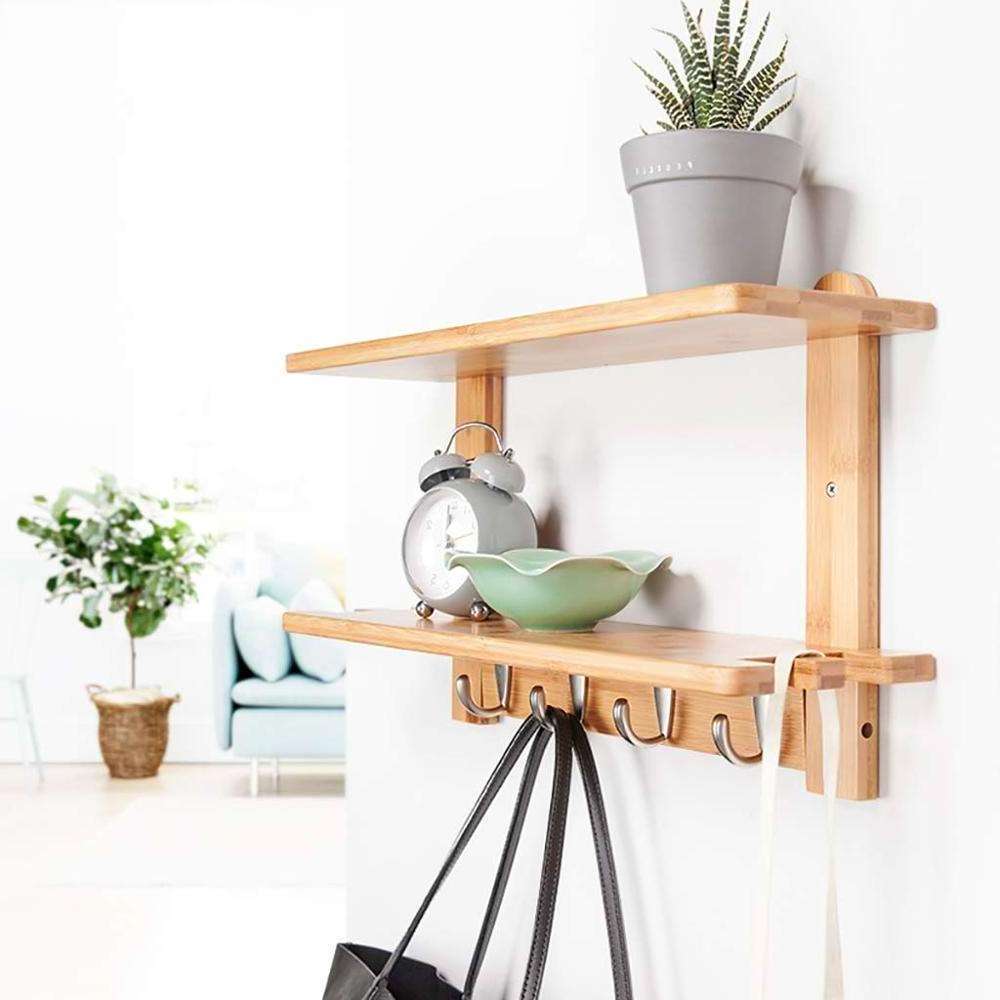 Bamboo Coat Rack Wall Mount with Shelf, Wood Wall Hooks with Storage, Entryway Shelf with 4 Hangers for Bathroom