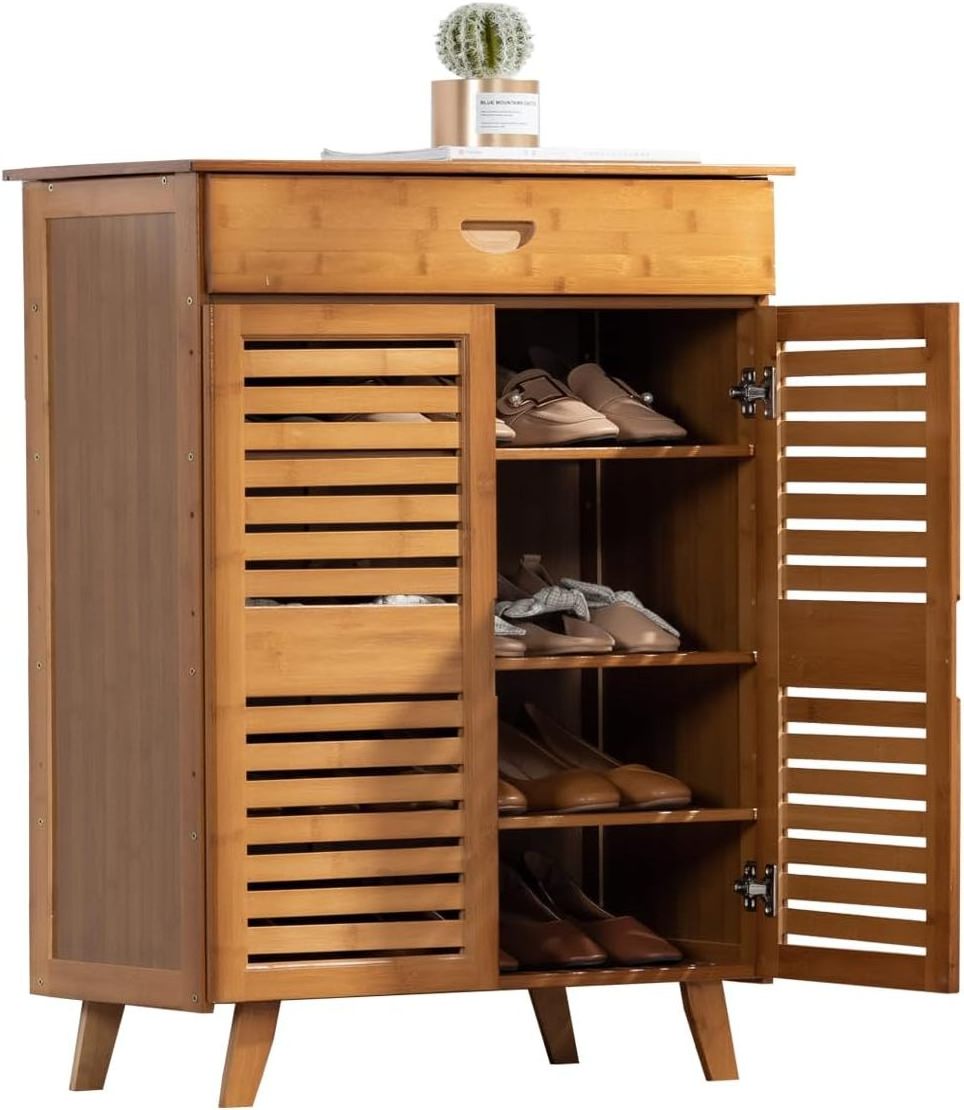 4 Tier Bamboo Shoe Organizer Cabinet for Entryway Two-Door Shoe Storage Cabinet with Drawer Bamboo Shoe Cabinet