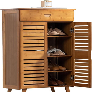 4 Tier Bamboo Shoe Organizer Cabinet for Entryway Two-Door Shoe Storage Cabinet with Drawer Bamboo Shoe Cabinet