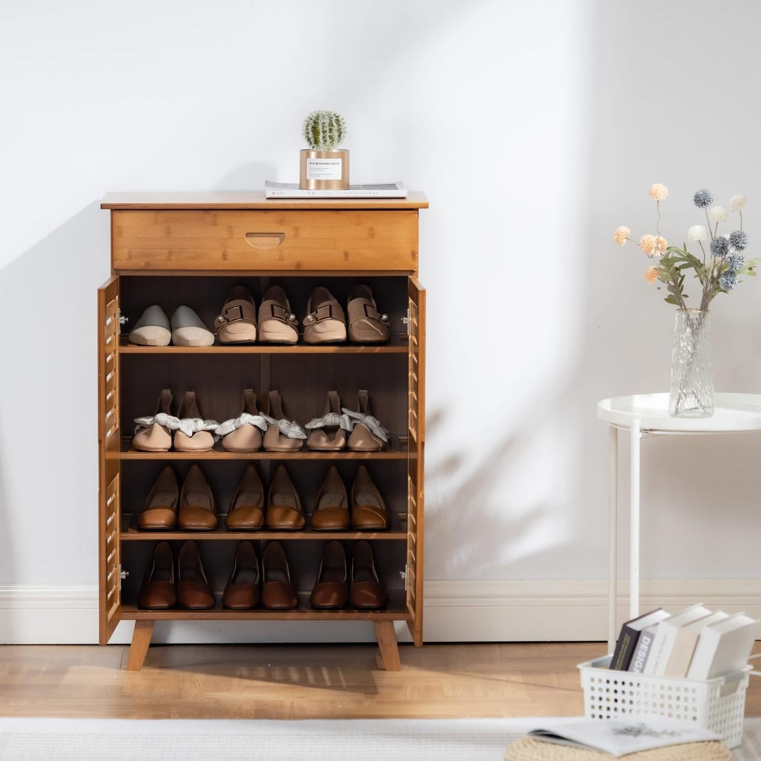 4 Tier Bamboo Shoe Organizer Cabinet for Entryway Two-Door Shoe Storage Cabinet with Drawer Bamboo Shoe Cabinet