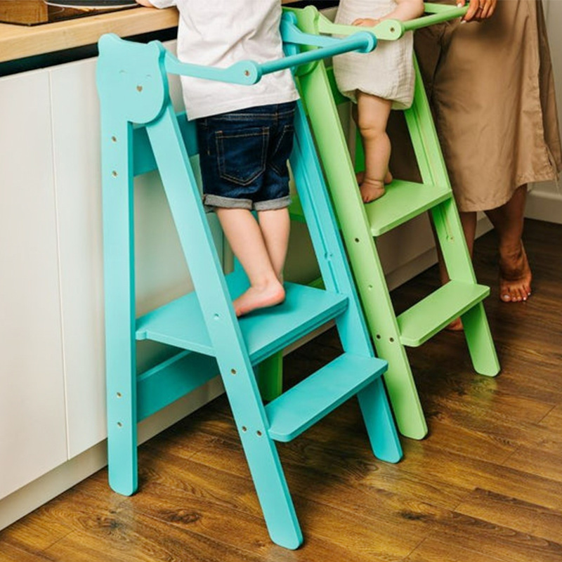 Wooden Fold Kitchen Stool Helper  Kids Toddler Learning Tower Step Stool Kitchen with Non-slip Mat Toddler Stool Standing Tower