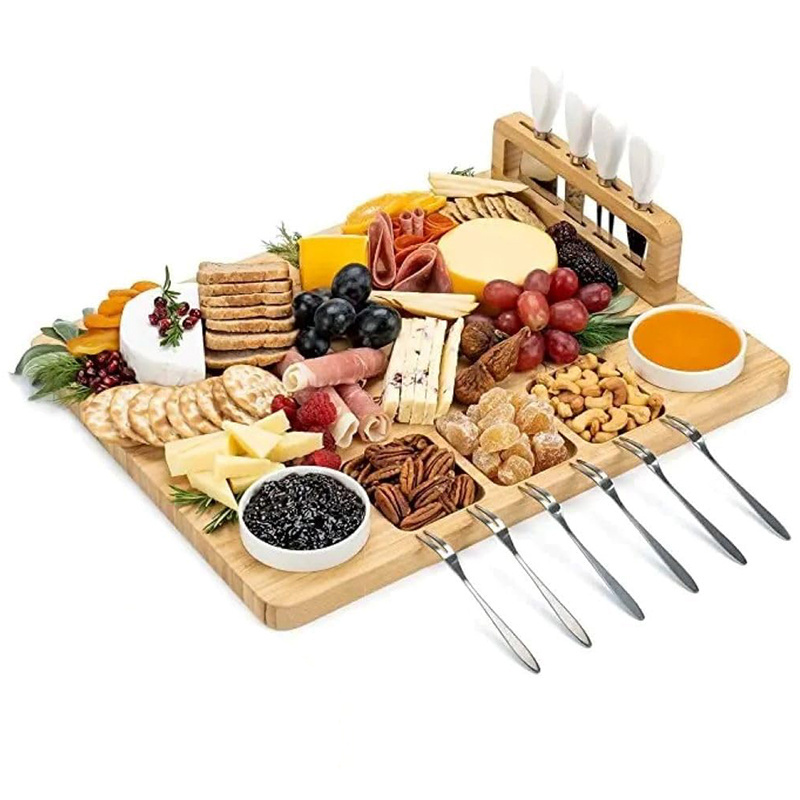 Bamboo Cheese Board and Knife Set Large Charcuterie Boards Set Magnetic Knife Holder with 2 Ceramic Dish Serving Tray for Party