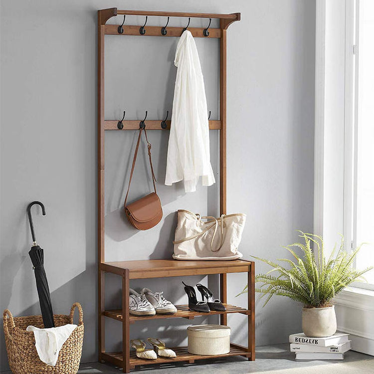 Bamboo multifunctional 3-layer shoe rack bench with hook storage rack and clothes rack