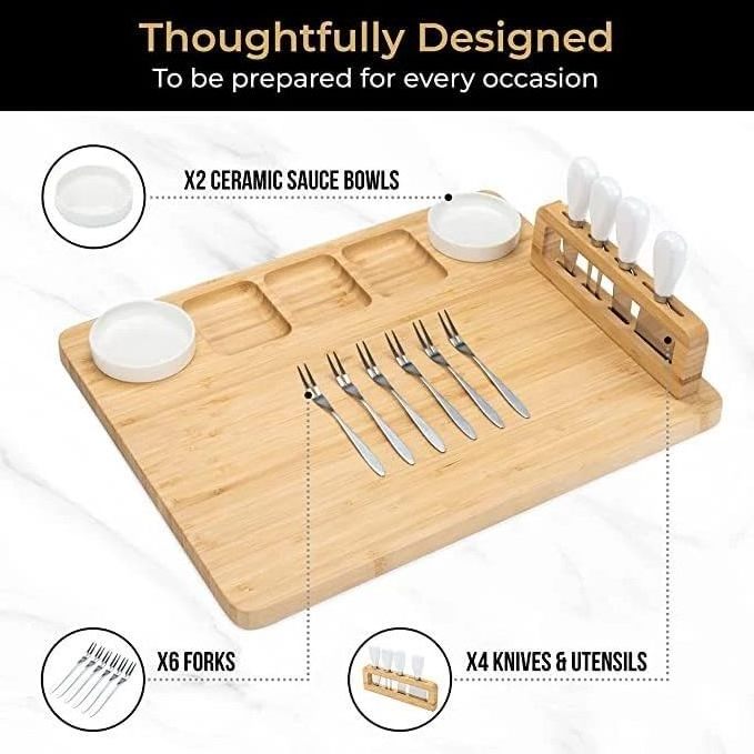 Bamboo Cheese Board and Knife Set Large Charcuterie Boards Set Magnetic Knife Holder with 2 Ceramic Dish Serving Tray for Party