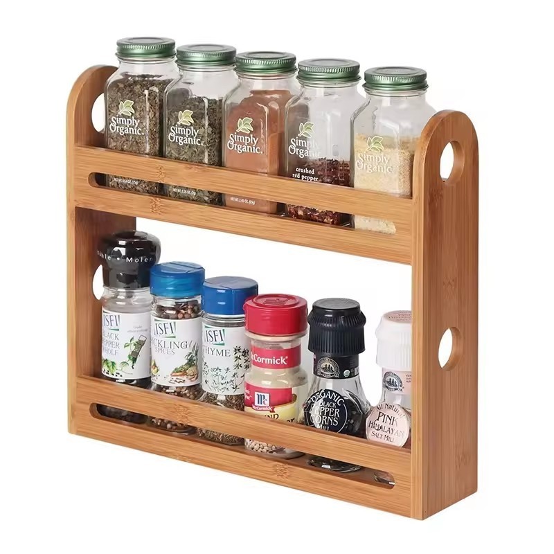 Bamboo Wooden Spice Jar Rack, 2-Tiered Seasoning Holder Organizer Set , Spice Storage Shelf for Kitchen Pantry & Cabinet