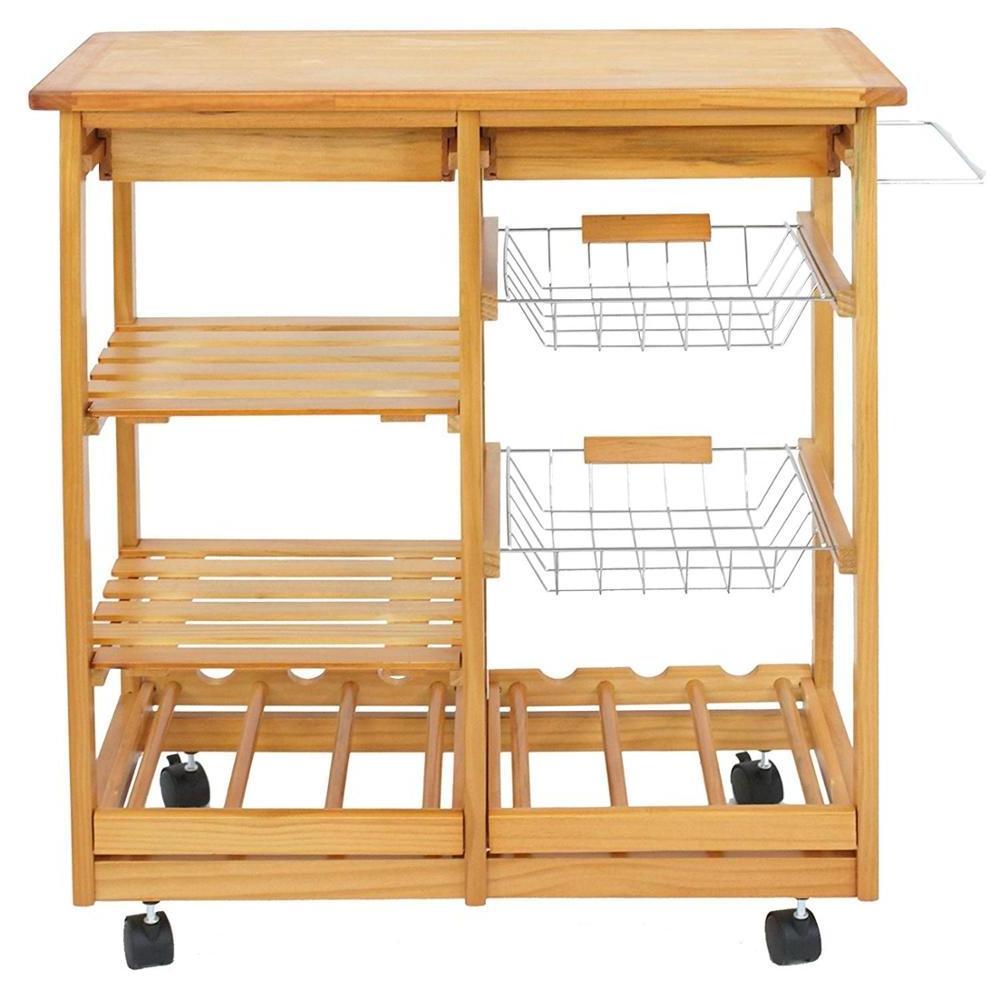 Rolling Wood Kitchen Island Storage Trolley Utility Cart Rack w/Storage Drawers/Baskets Dining Stand w/Wheels Countertop (Wood)