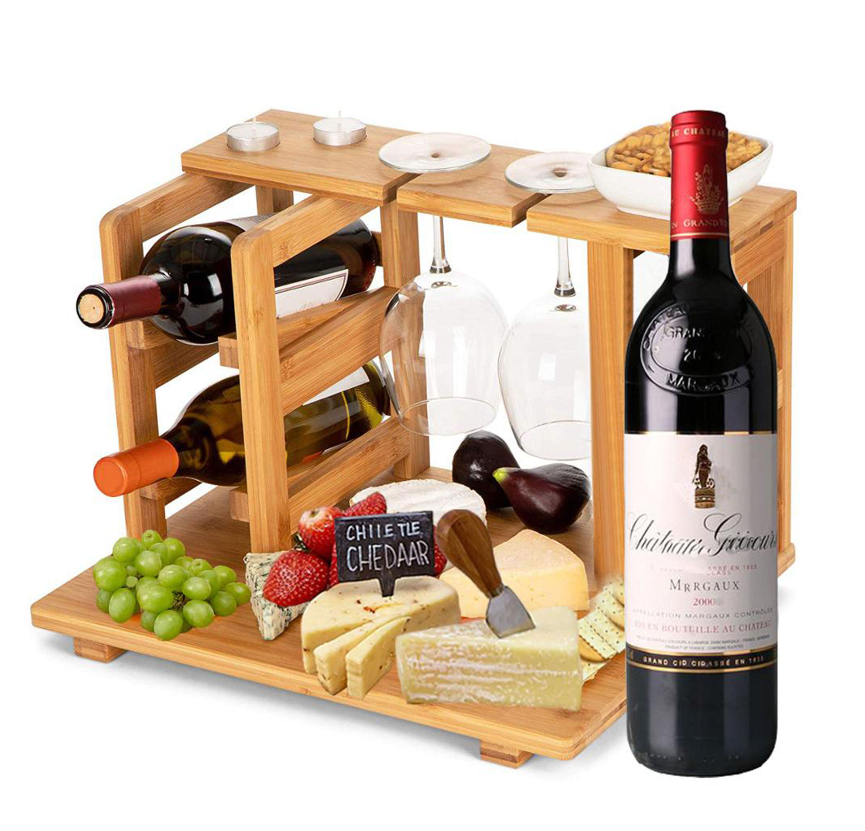 Bamboo Wine Storage and Display Rack,Multifunctional wooden food storage shelf,Countertop Wine Bottle Holder and Glass Hanger