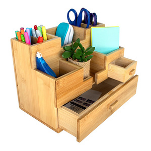 Bamboo Desk Organizer with Drawers Wooden Desktop Storage Table Top Organizer for Office Supplies Make-up Organizer