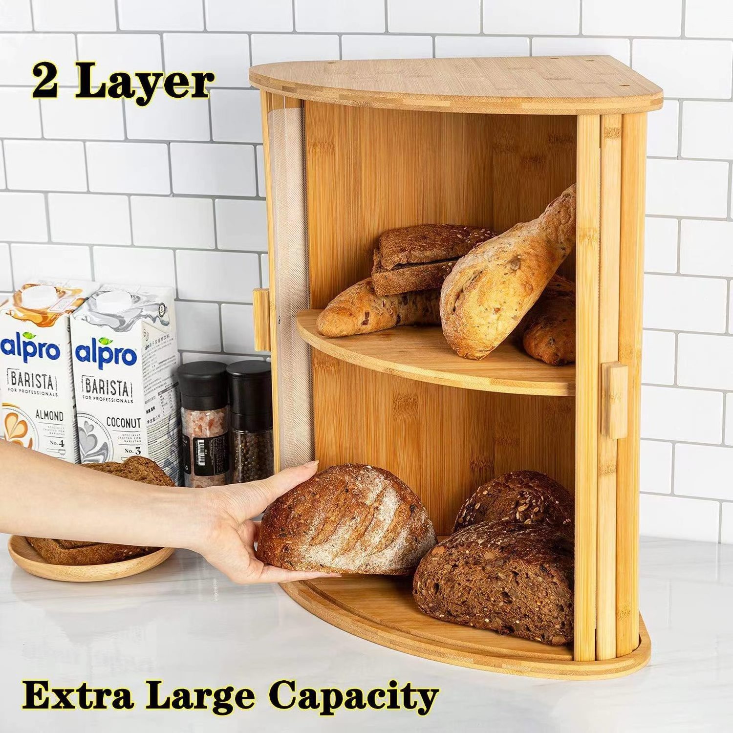 Bamboo Corner 2 tier bread box Kitchen Storage Rack Bread Bin box with Roll door