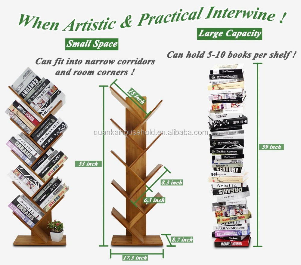 Bamboo 9-Shelf Tree Bookshelf Book Rack Display Storage Organizer Bookcase Shelving Free Standing Bookshelves for CDs, Movies &