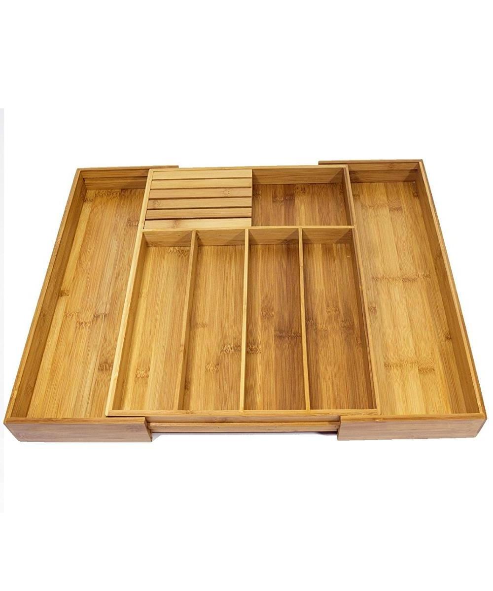 Expandable Bamboo Kitchen Drawer Organizer with Built-In Solid Bamboo Knife Block Adjustable Kitchen Utensil & Cutlery Tray