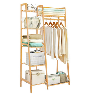 Bamboo Clothes Rack with 7 Tier Storage Shelves Clothing Hanging Stand for Small Spaces Children's Wardrobe Closet