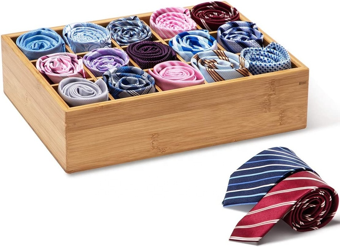 Bamboo Closet Drawer Divider - Storage Organizer with 15 Compartments Storage Box for Belts, Ties, Bras, Briefs, Socks & Jewelry