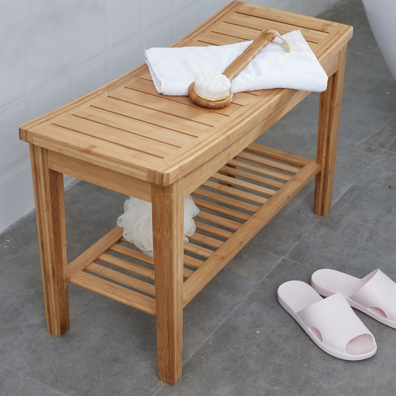 Bamboo stool Bambusi Shower Bench Stool with Shelf Wood Seat Bench for Indoor or Outdoor Use Spa Bath Bench with Storage Shelf