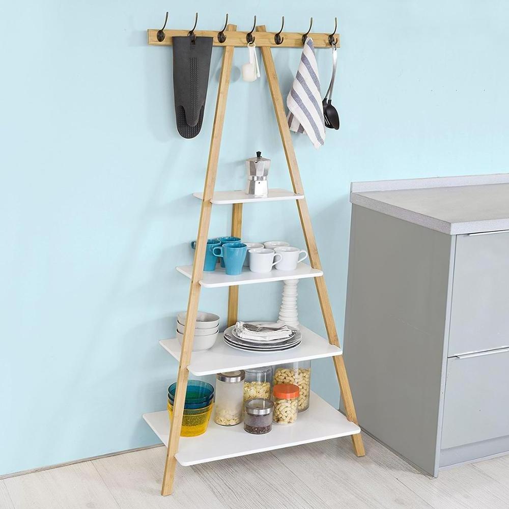 bathroom room storage shelf with 7 Hooks Ladder Shelf Coat Rack towel Storage Display for Bathroom