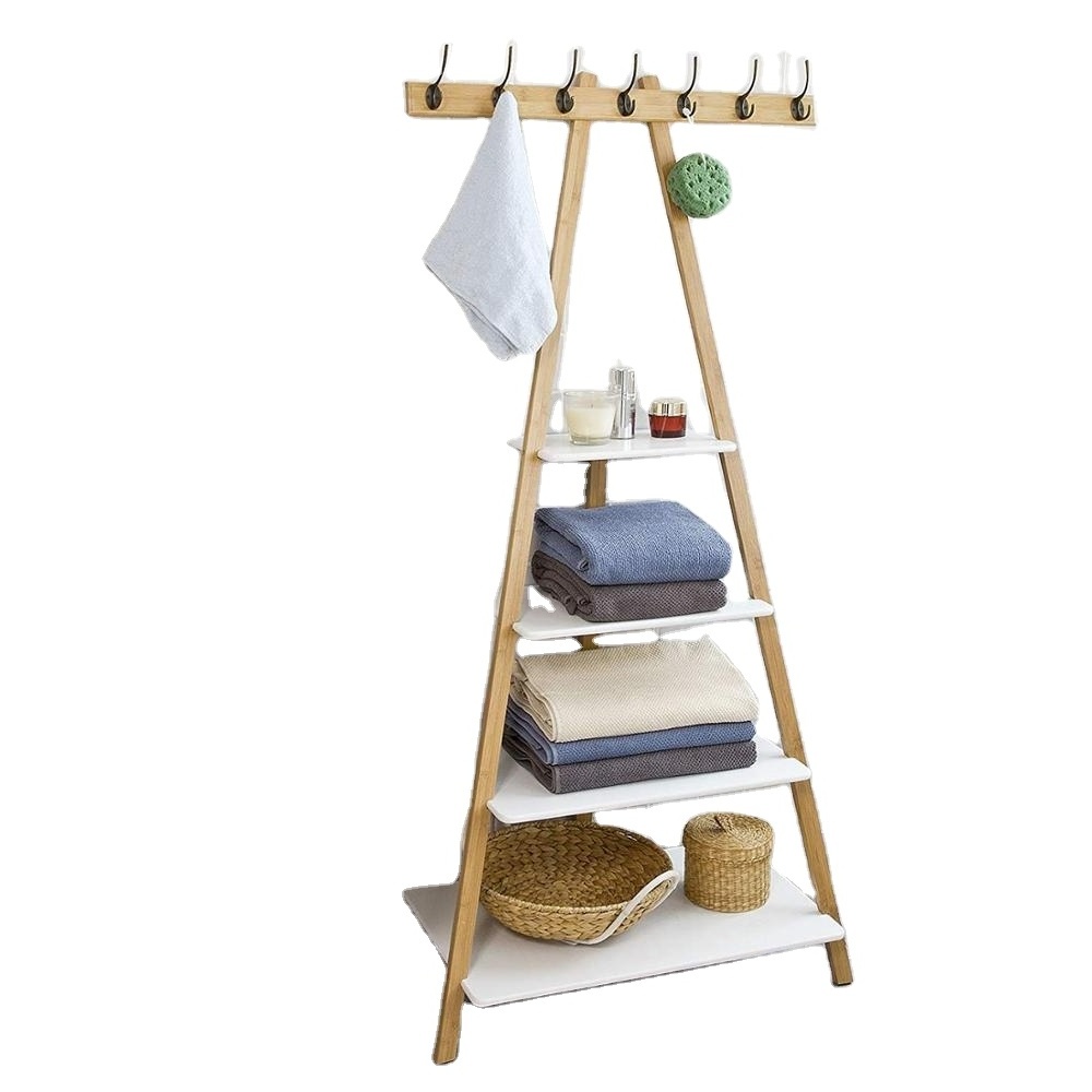 bathroom room storage shelf with 7 Hooks Ladder Shelf Coat Rack towel Storage Display for Bathroom