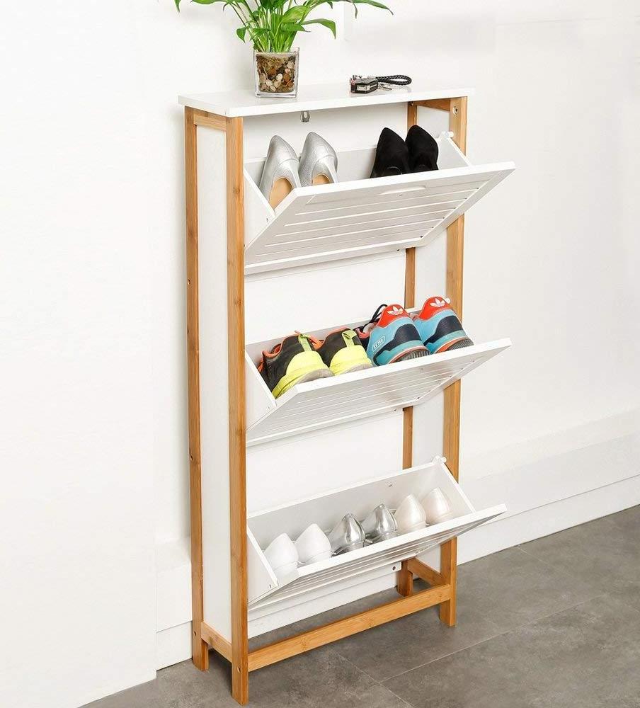 3-Tier Bamboo Shoe Shelf shoe rack with 3 Flaps White Color