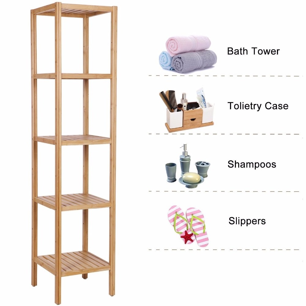 Natural Bamboo Shelf Wood 5 Tier Bathroom Shelf Unit Tower Bookshelf Multifunctional Storage Rack Display Shelving Unit