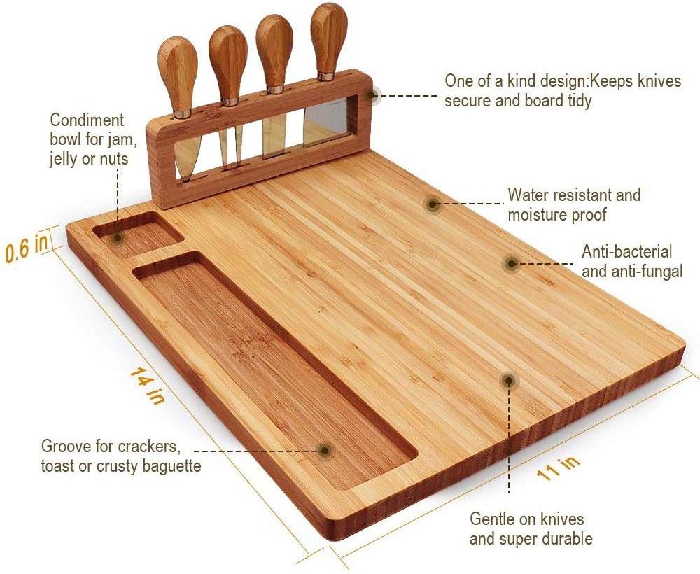 Bamboo Cheese Board Set Charcuterie Platter and Serving Meat Board Including 4 Stainless Steel Knife and Serving board