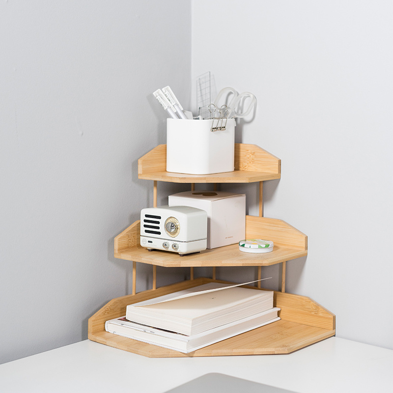 3 Tier Corner Shelf- Wooden Desktop Stand Countertop Organizer, Stable Corner Display Shelf for Kitchen, Bathroom, Office