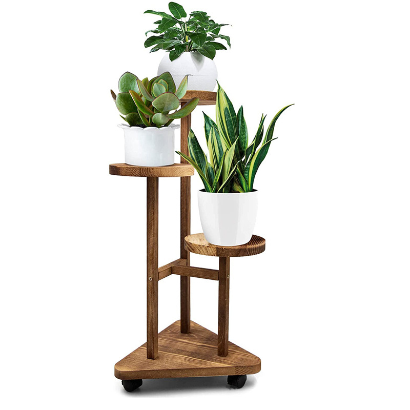 3 Tier Wood Plant Shelf Holder for Indoor Outdoor Garden Plant Display Rack Flower Pot Stand with wheels for Corner