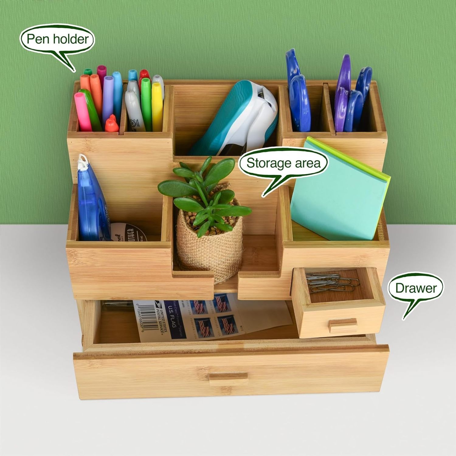 Bamboo Desk Organizer with Drawers Wooden Desktop Storage Table Top Organizer for Office Supplies Make-up Organizer