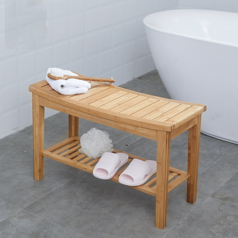 Bamboo stool Bambusi Shower Bench Stool with Shelf Wood Seat Bench for Indoor or Outdoor Use Spa Bath Bench with Storage Shelf