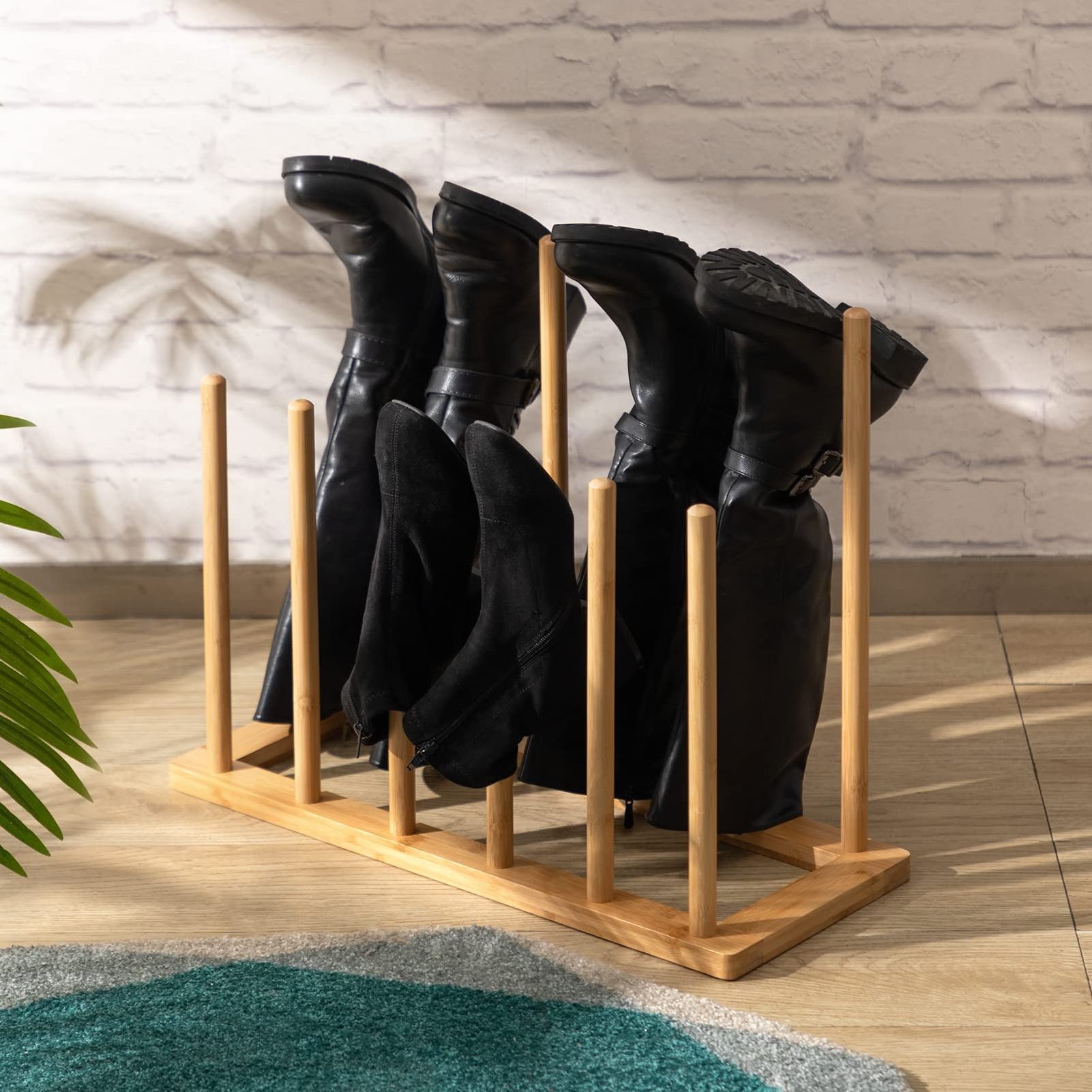 6-Pair Bamboo Boots Storage Rack, Stand-alone Shoe Rack Organizer