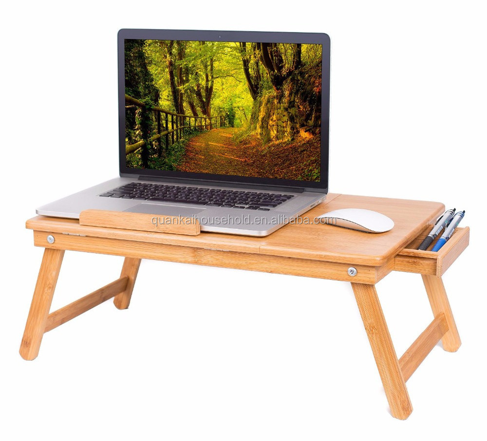 Bamboo Laptop Bed Tray (Natural) , With Foldable Legs, Storage Drawer, Adjustable Tilt Section and Removeable Stopper